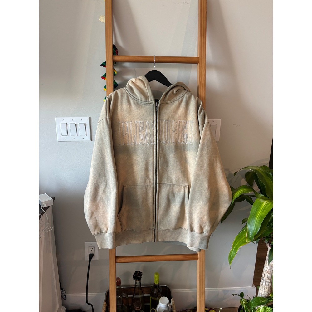 PLEASURES Gospel Zip Up Hoodie Washed Beige Tan Size Large Like New